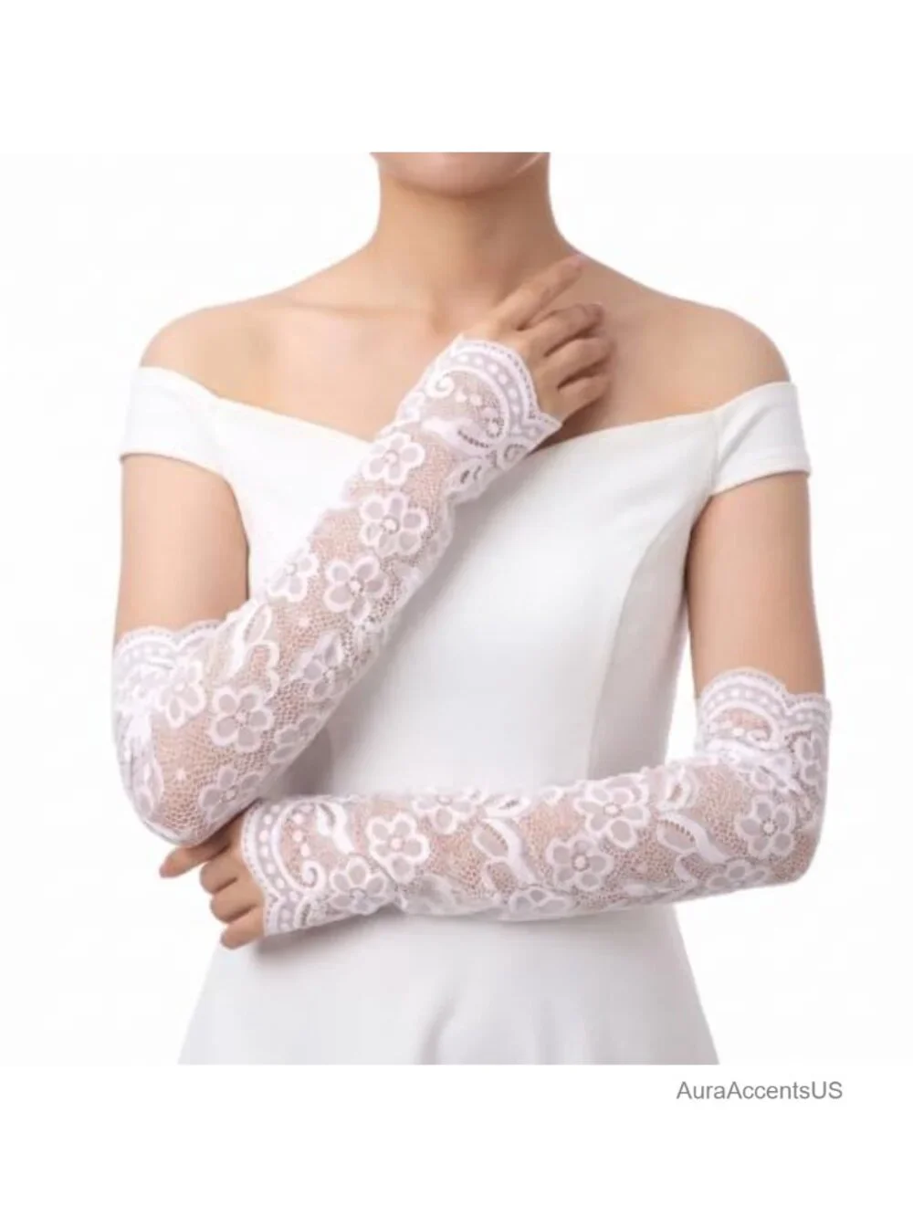 Long Floral Fingerless Bridal Lace Sleeves Gloves 15.7 inch Wedding Accessory